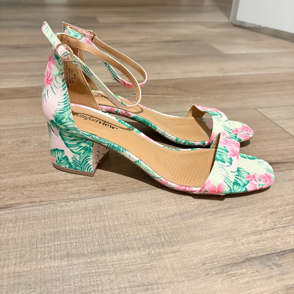 Comfortview The Orly Sandal block heel floral Green Leaf pink size 10